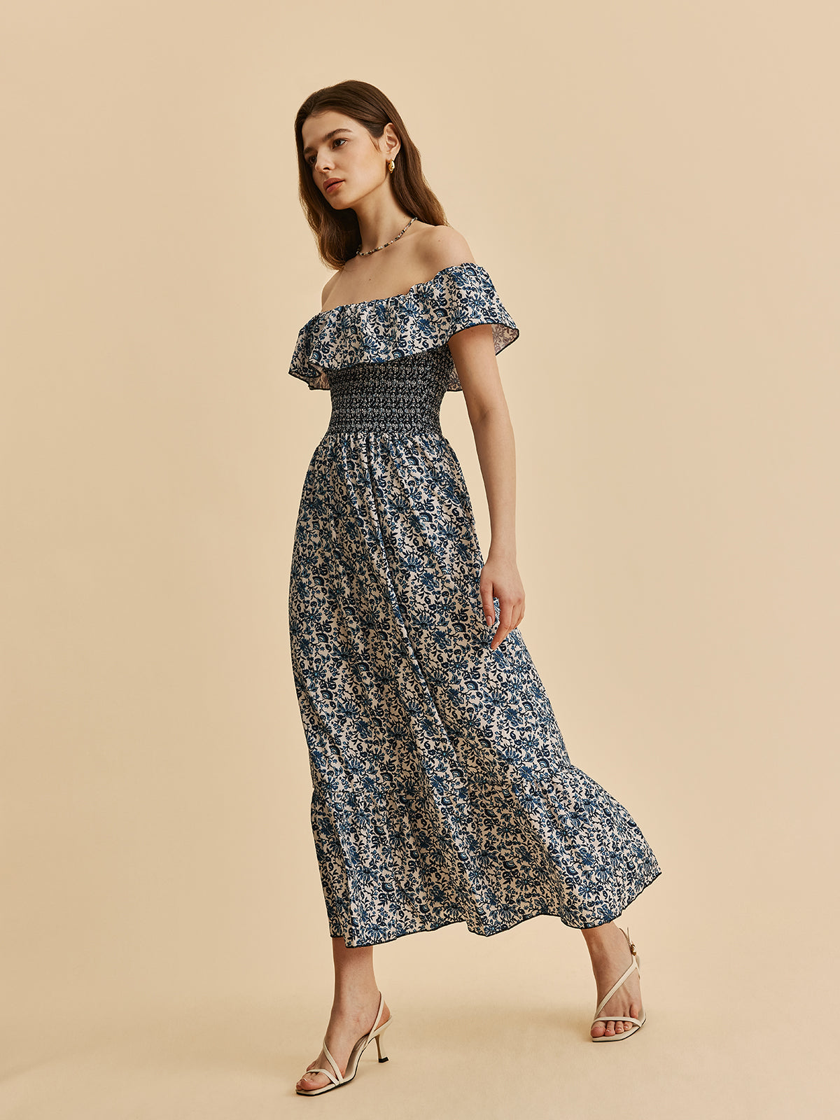 Boho Smocked Off-Shoulder Ruffle Floral Dress-Massicos