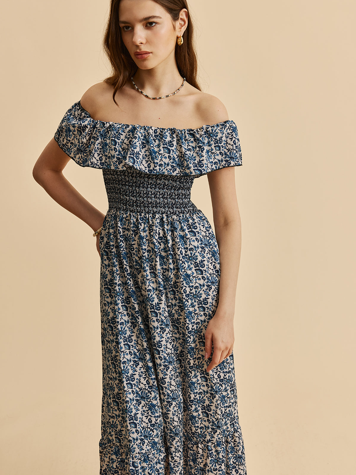 Boho Smocked Off-Shoulder Ruffle Floral Dress-Massicos