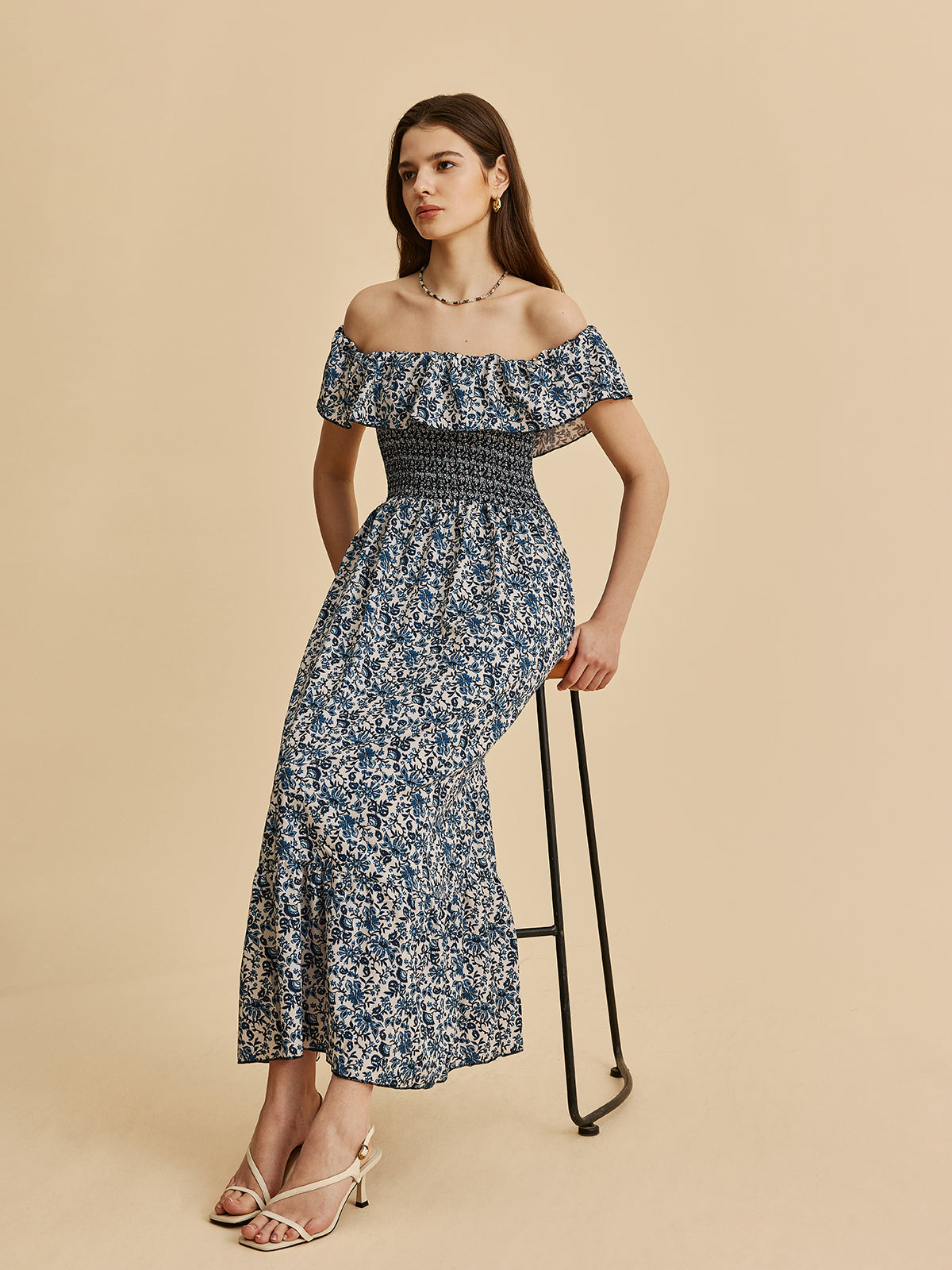 Boho Smocked Off-Shoulder Ruffle Floral Dress-Massicos