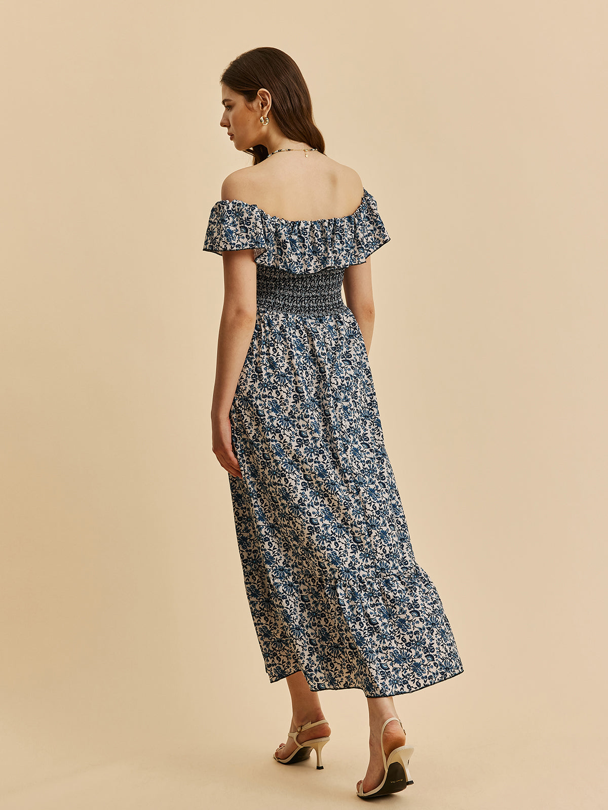 Boho Smocked Off-Shoulder Ruffle Floral Dress-Massicos