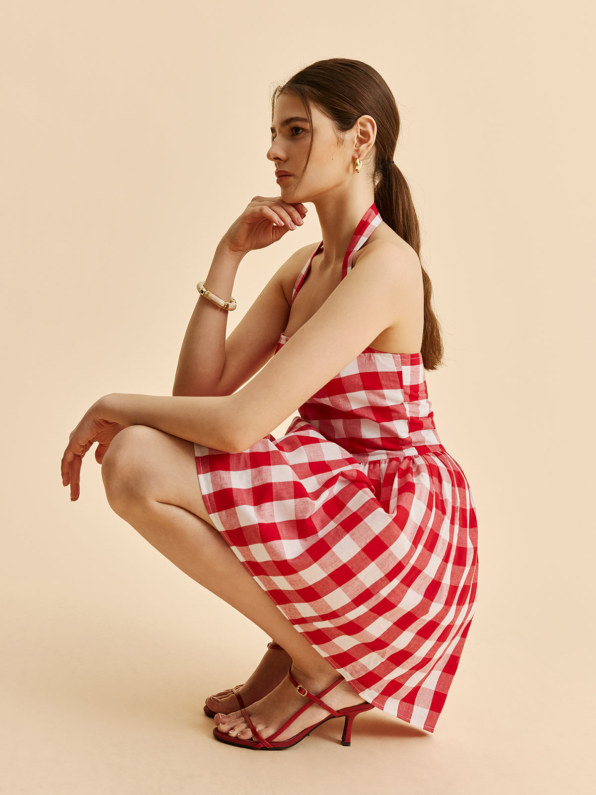 Plaid Halter Flare Dress-Massicos