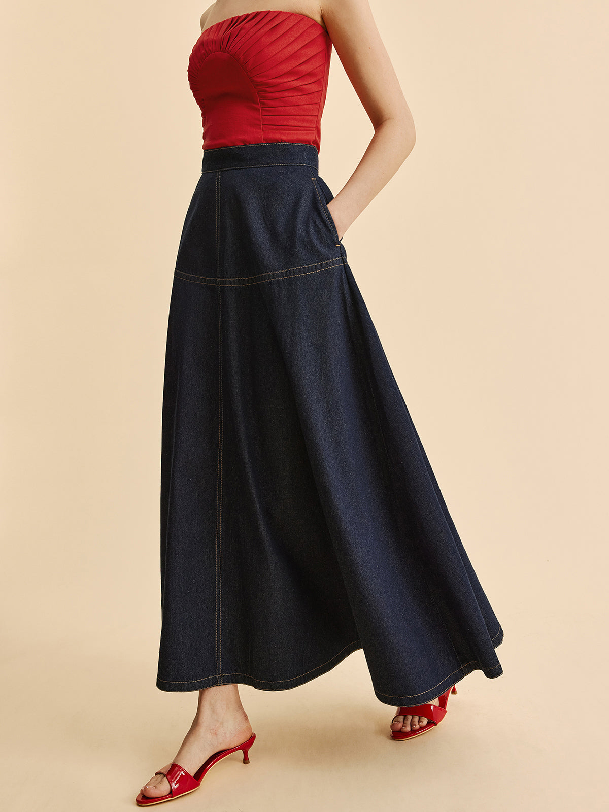 A-Line Denim Skirt With Side Pockets-Massicos