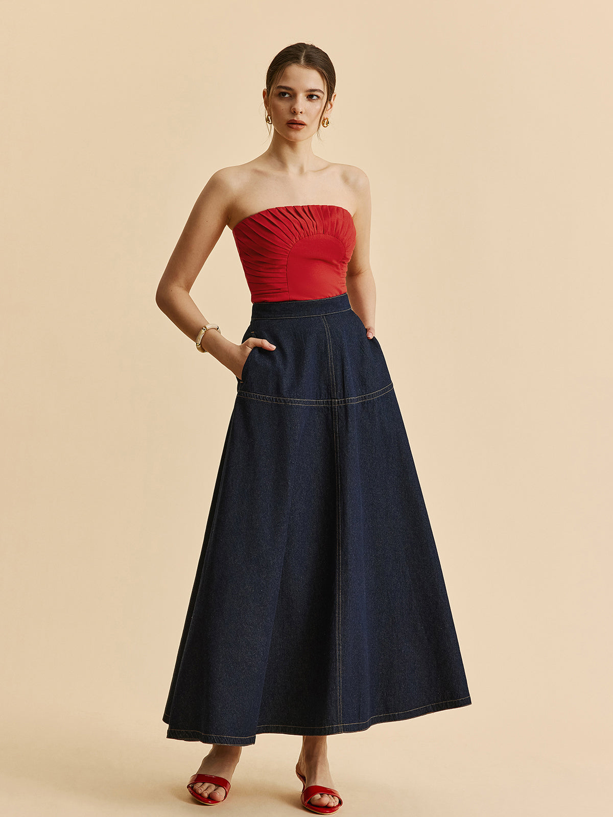 A-Line Denim Skirt With Side Pockets-Massicos