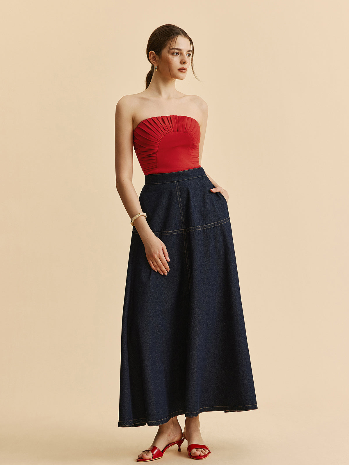 A-Line Denim Skirt With Side Pockets-Massicos