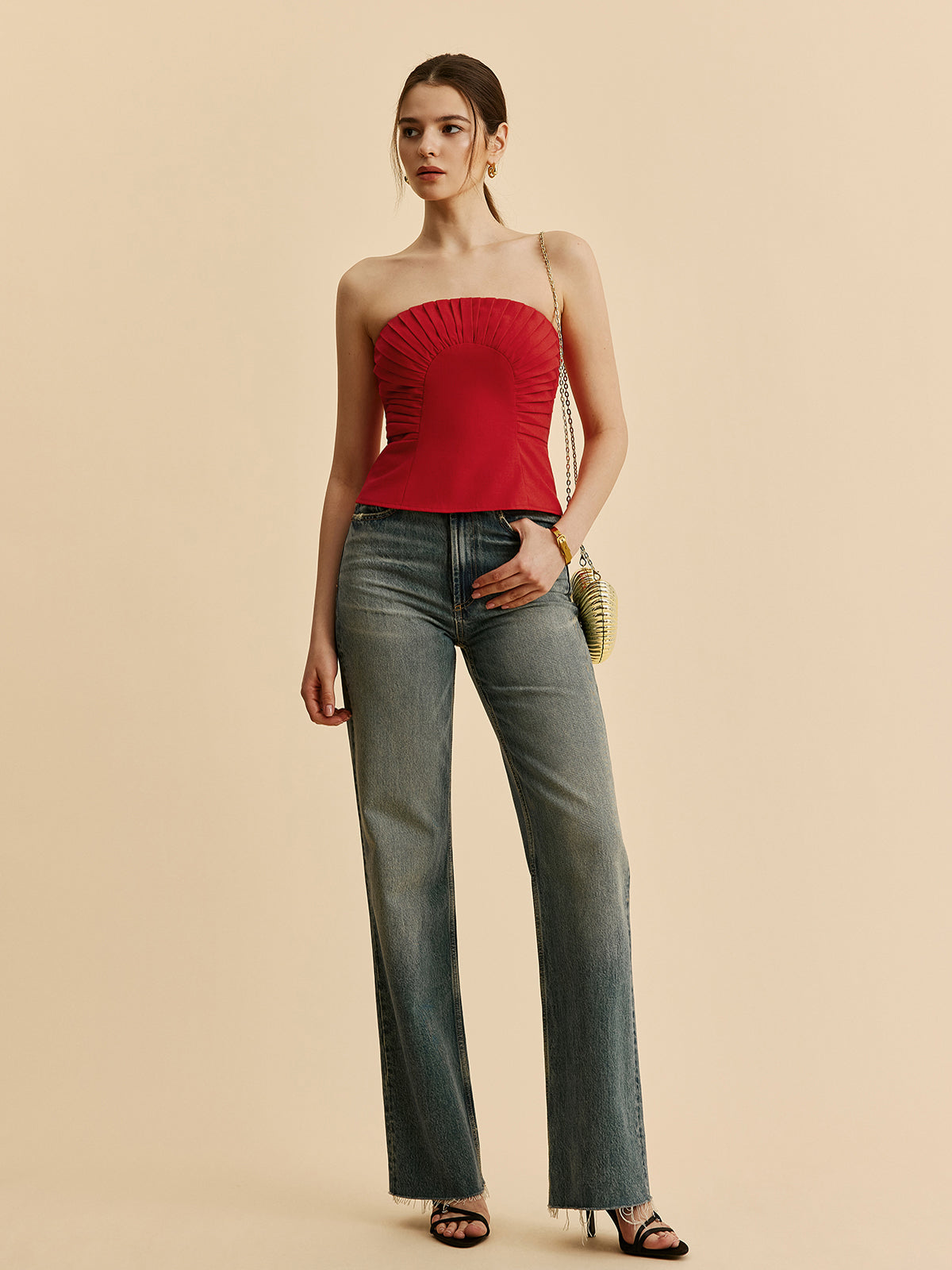 Cotton & Linen Pleated Strapless Top-Massicos