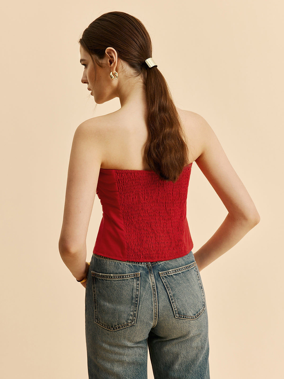 Cotton & Linen Pleated Strapless Top-Massicos