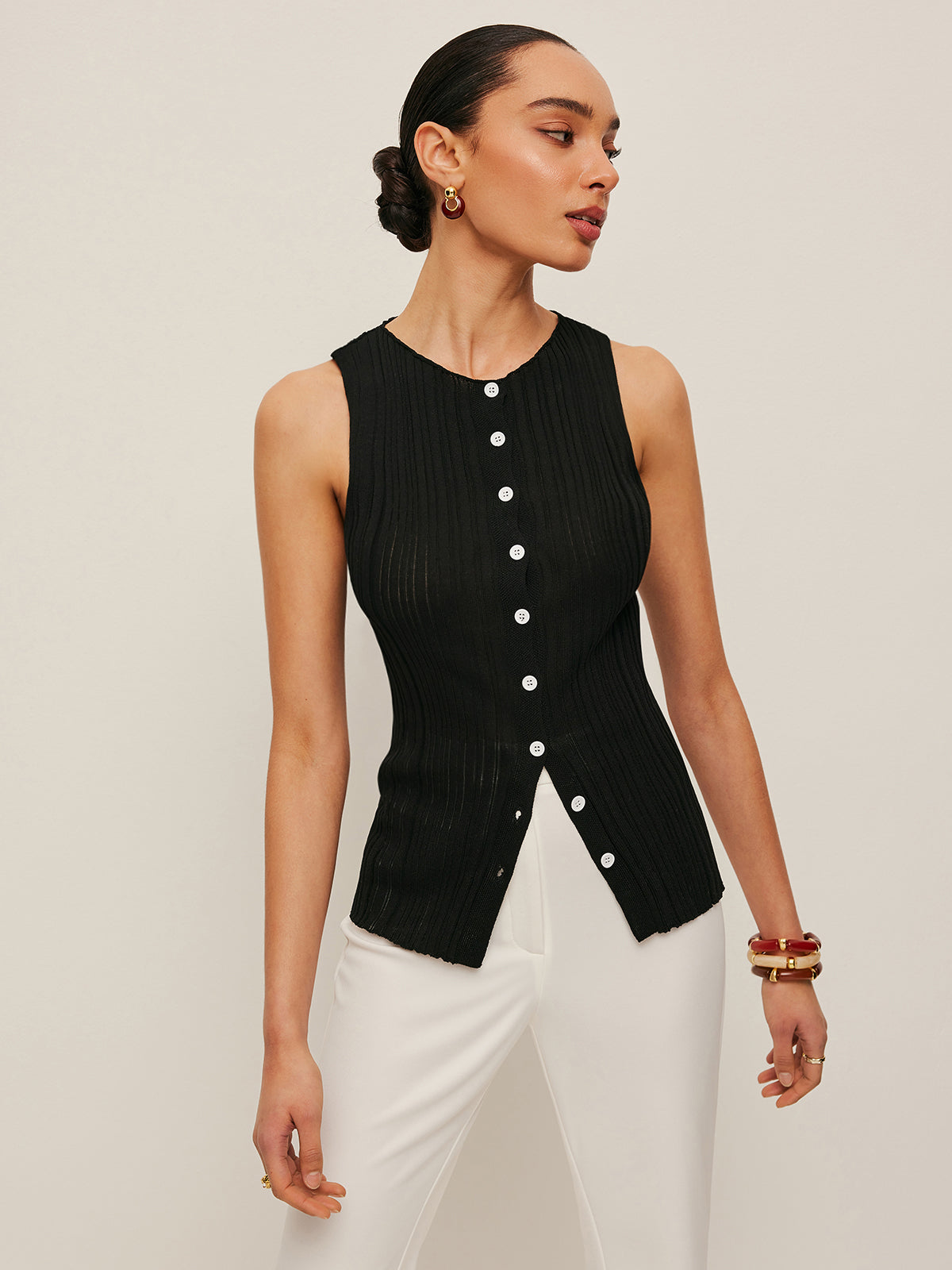 Sleeveless Ribbed Button-Front Top-Massicos