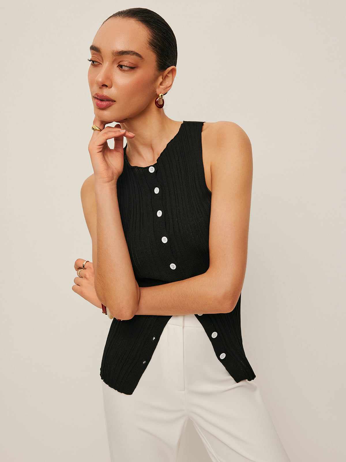 Sleeveless Ribbed Button-Front Top-Massicos