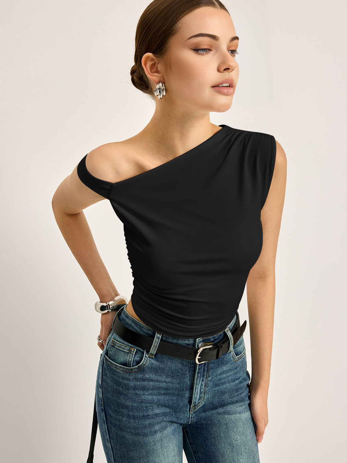 Asymmetrical Cutout Ribbed Top-Massicos