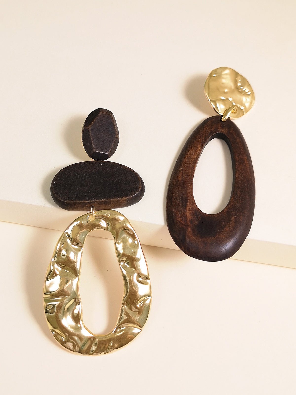 Asymmetrical Wood & Metal Drop Earrings-Massicos
