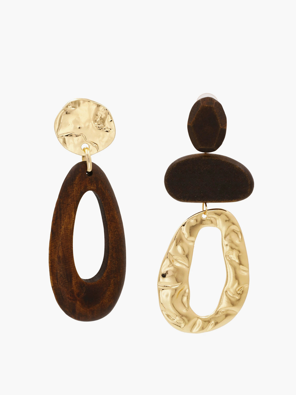 Asymmetrical Wood & Metal Drop Earrings-Massicos