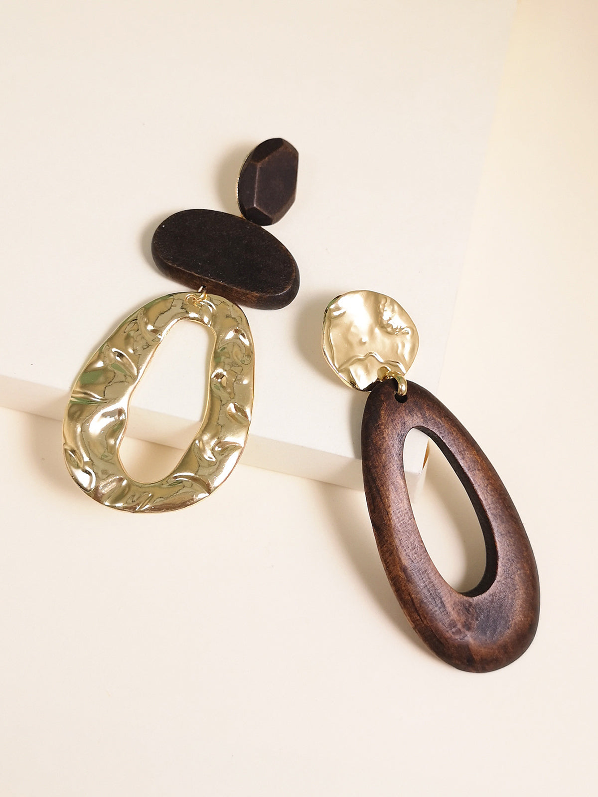 Asymmetrical Wood & Metal Drop Earrings-Massicos
