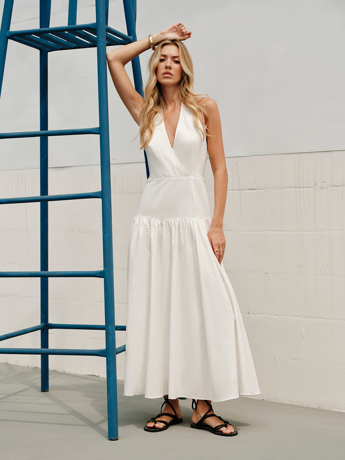 Cotton Halter V-Neck Backless Dress-Massicos