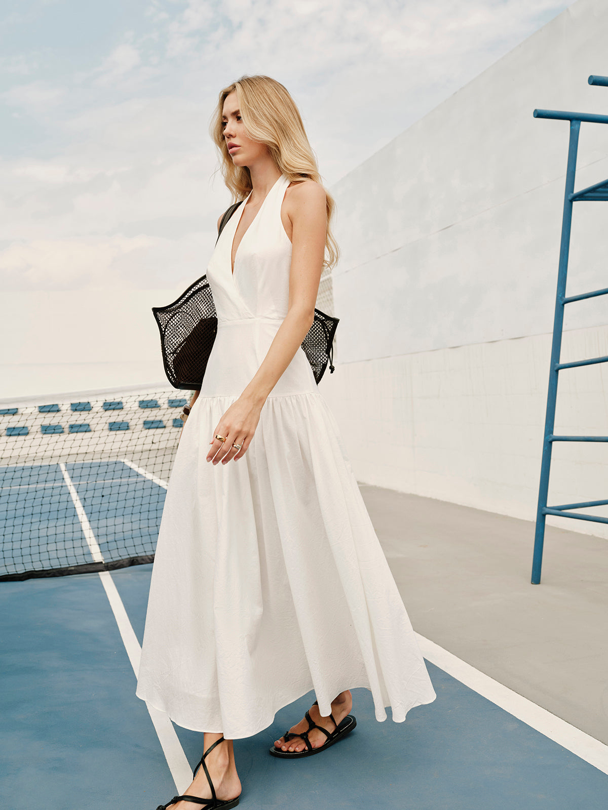 Cotton Halter V-Neck Backless Dress-Massicos