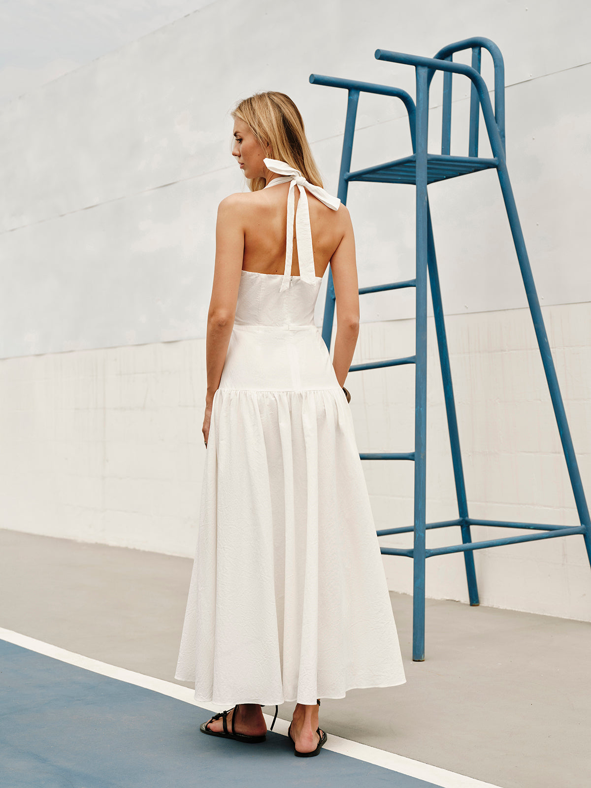 Cotton Halter V-Neck Backless Dress-Massicos