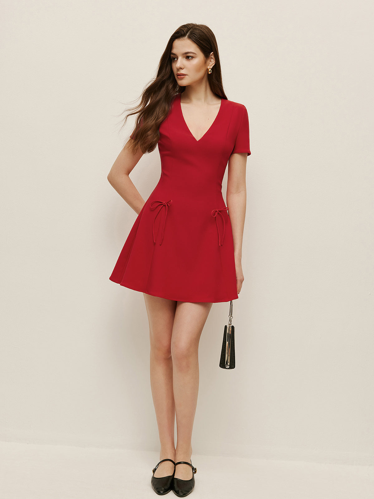 Bow Detail V-Neck Dress-Massicos