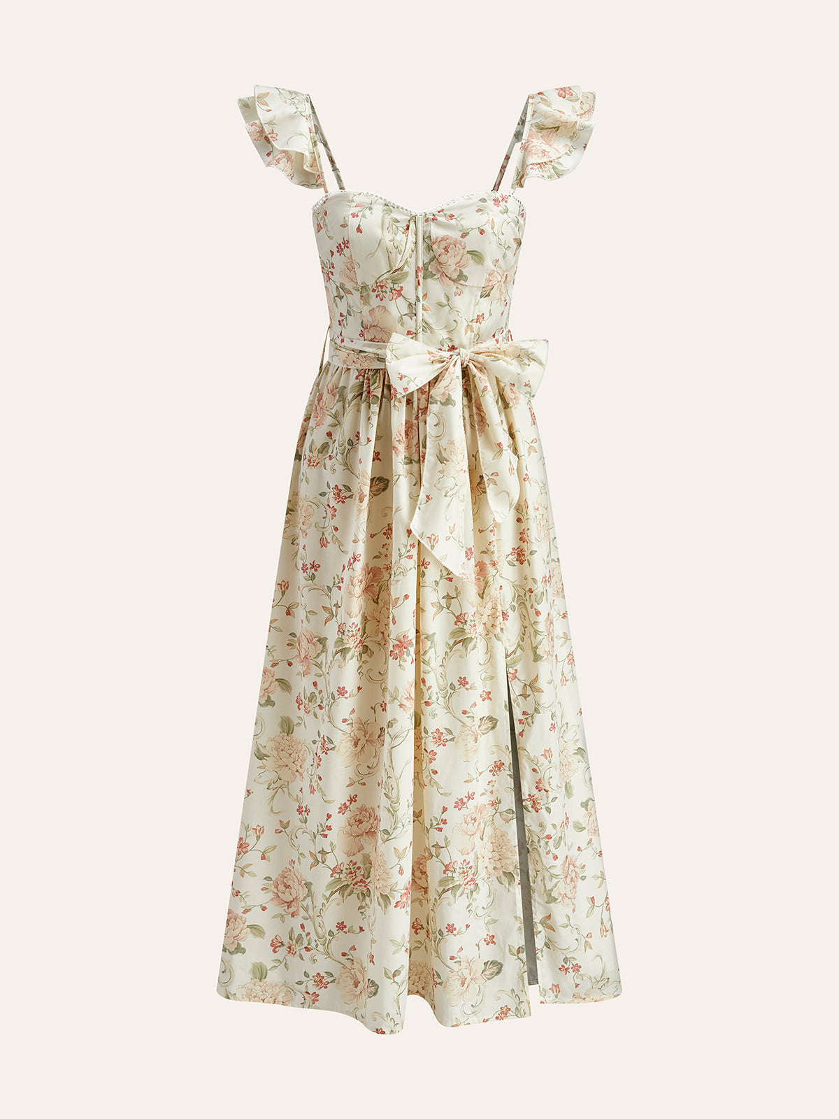 Ruffle Strap Tie-Waist Slit Floral Dress-Massicos