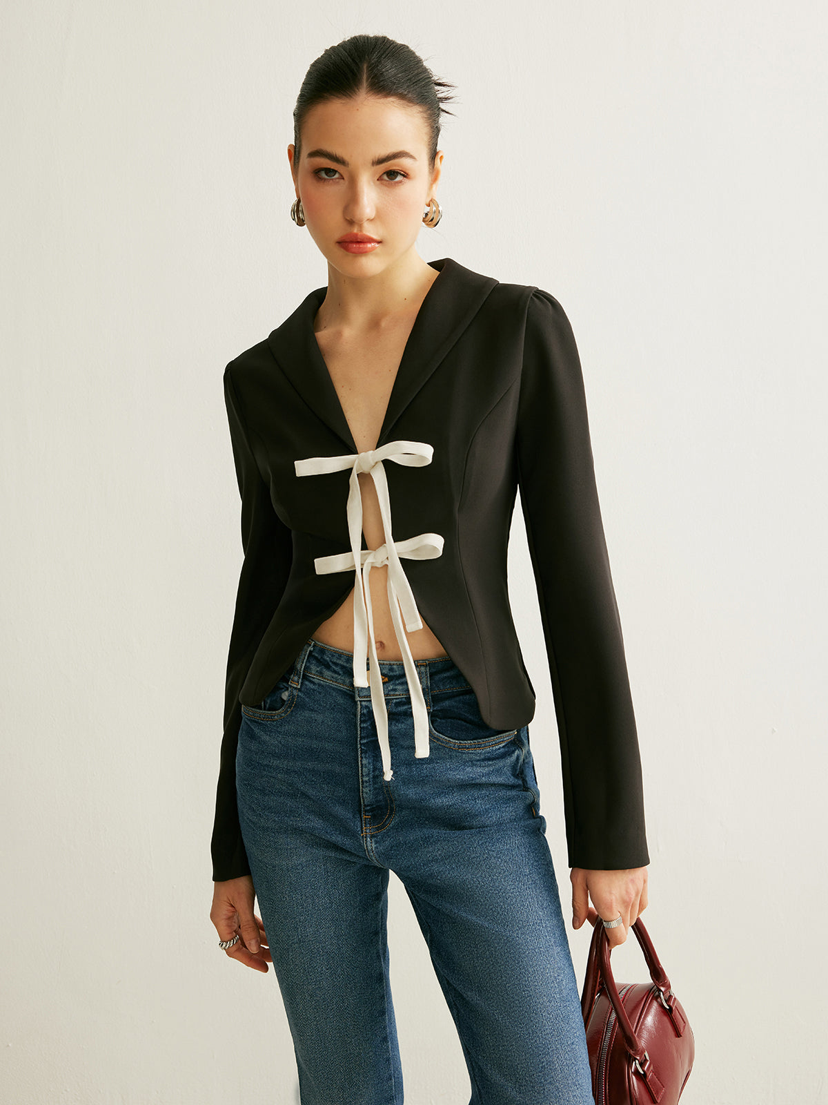 V-Neck Tie Front Blazer-Massicos