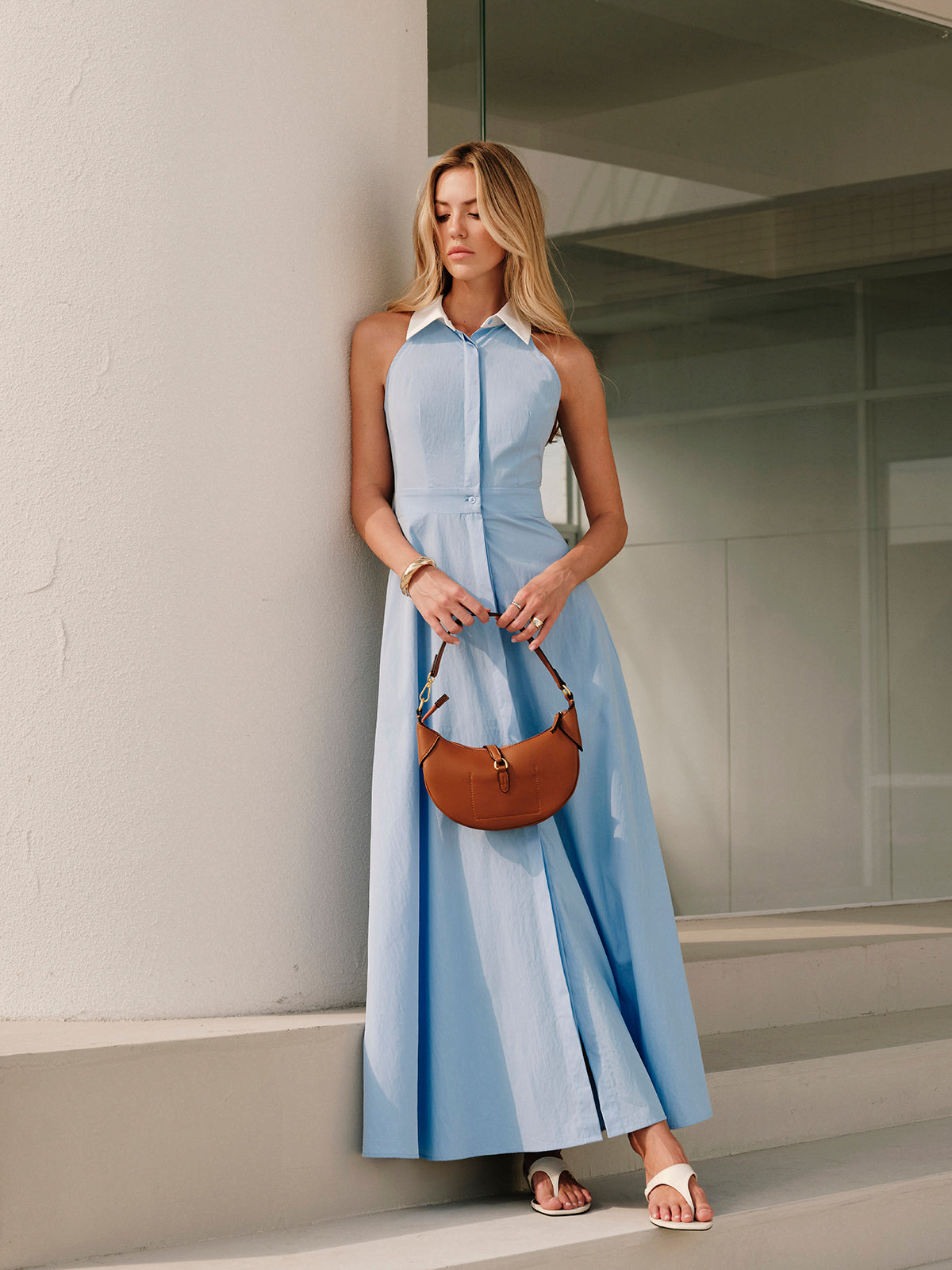 Button Sleeveless Collar Dress-Massicos