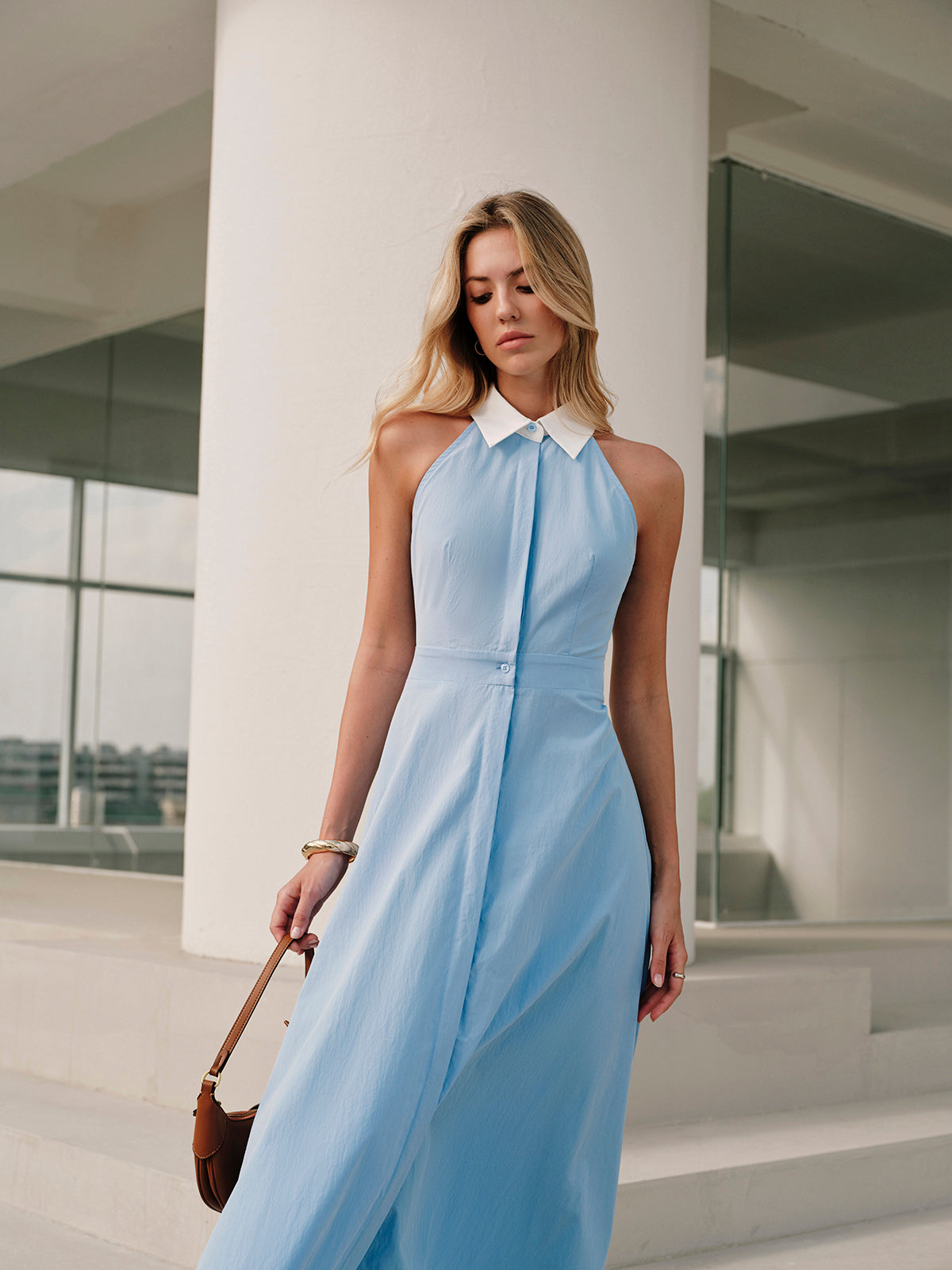 Button Sleeveless Collar Dress-Massicos