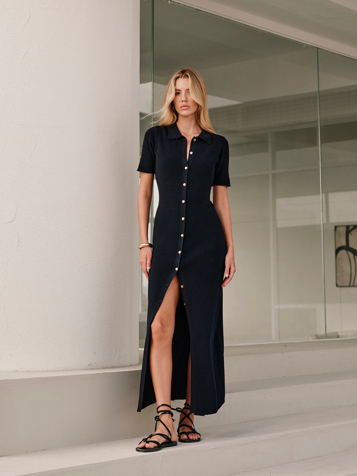Metal Button Collar Midi Dress-Massicos