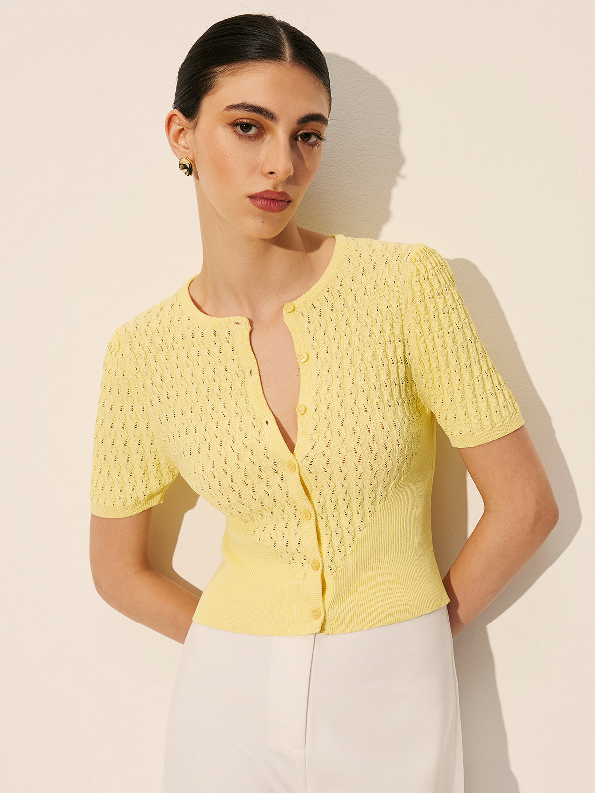 Hollow Knit Buttoned Top-Massicos