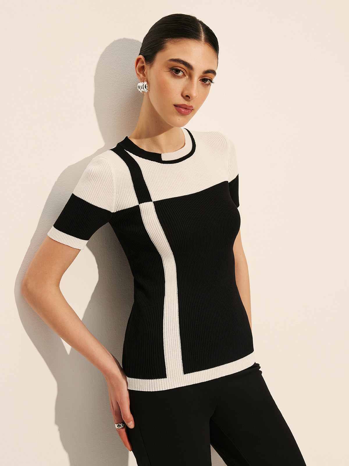 Color Block Ribbed Knit Top-Massicos