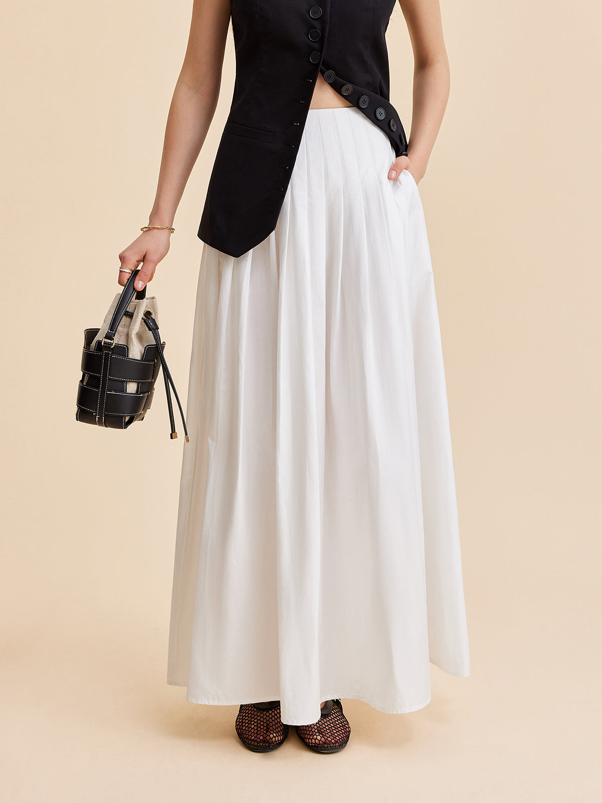 Pleated Cotton A-Line Skirt-Massicos