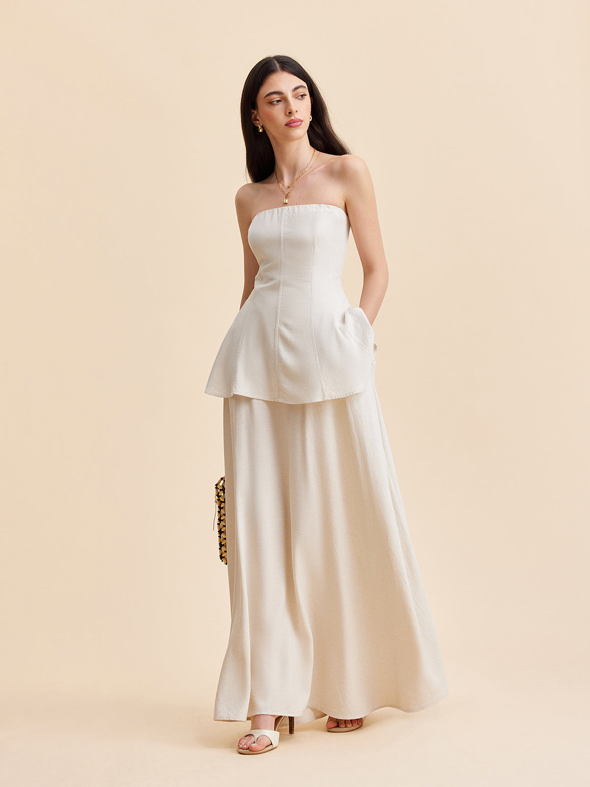 Strapless Peplum Top With Flowing Skirt Set-Massicos