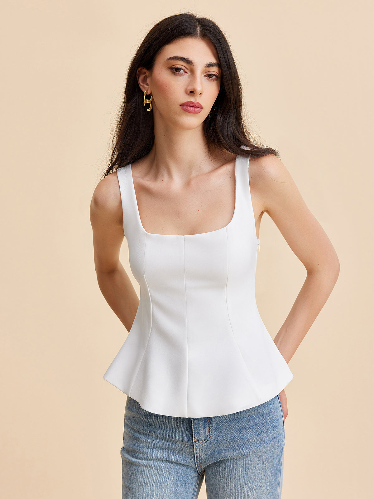 Square Neck Peplum Tank Top-Massicos