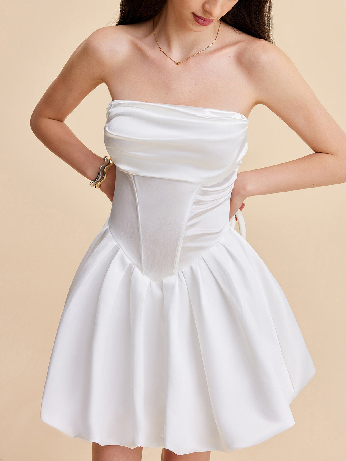 Semi-Sheer Satin Strapless Bubble Dress-Massicos