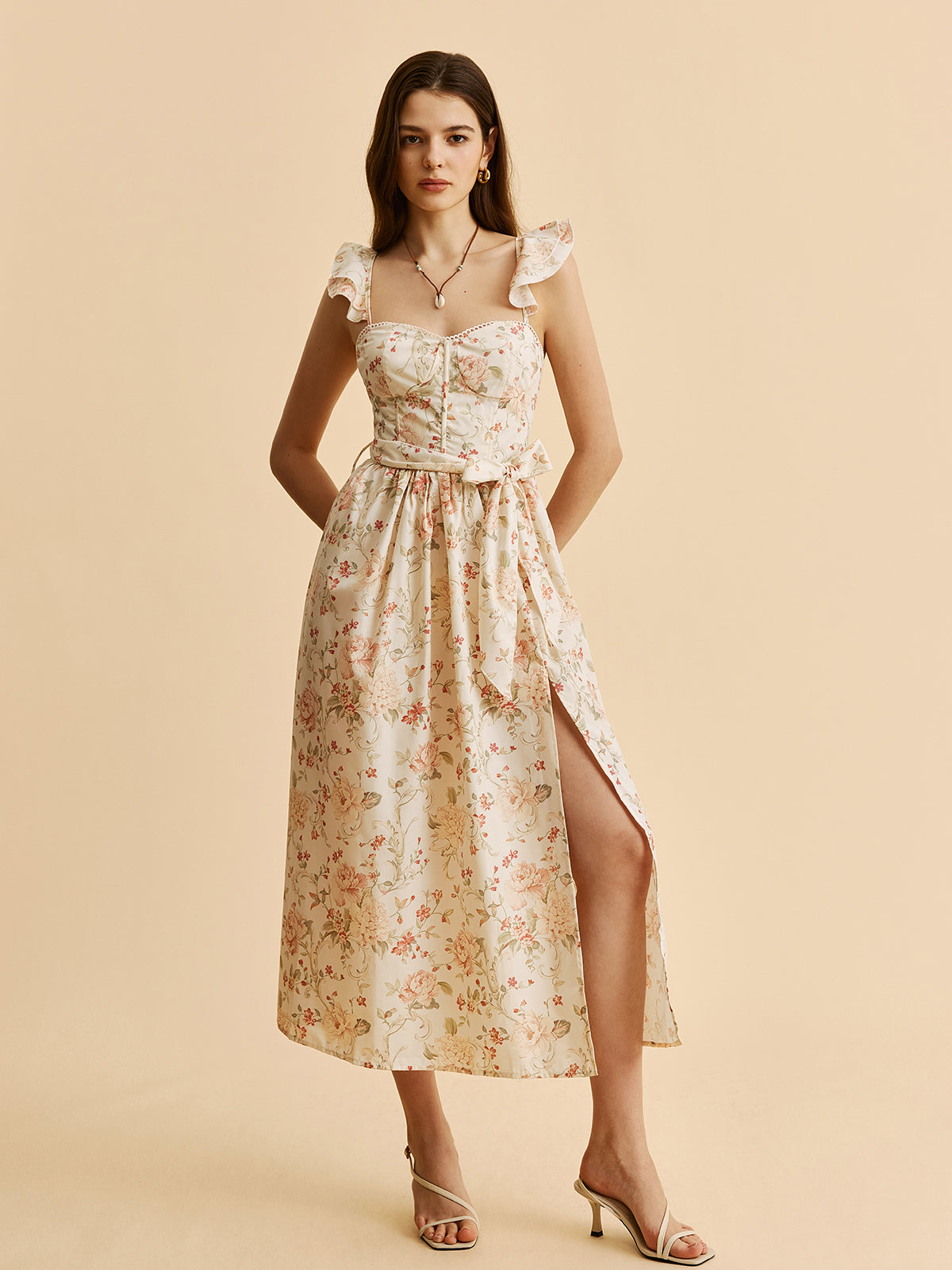 Ruffle Strap Tie-Waist Slit Floral Dress-Massicos