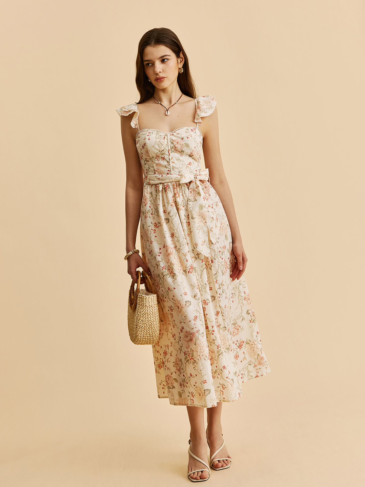 Ruffle Strap Tie-Waist Slit Floral Dress-Massicos