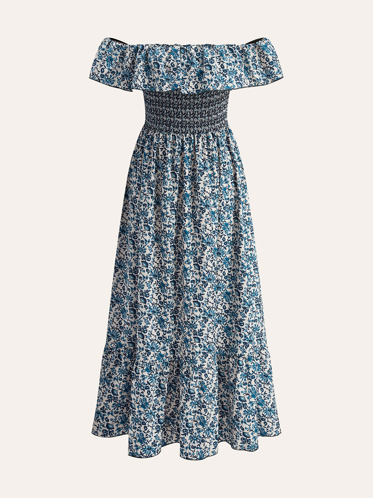 Boho Smocked Off-Shoulder Ruffle Floral Dress-Massicos