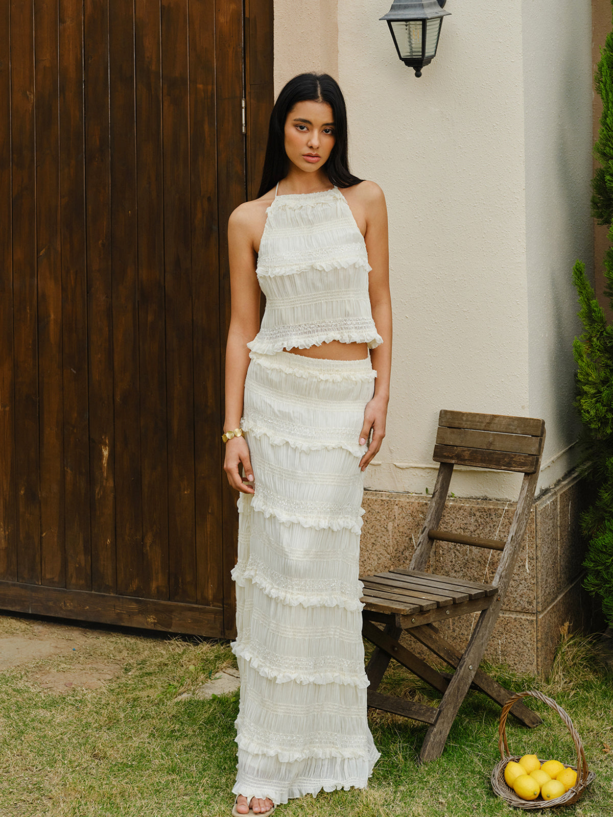 Smocked Halter Crop Top With Tiered Skirt Set-Massicos