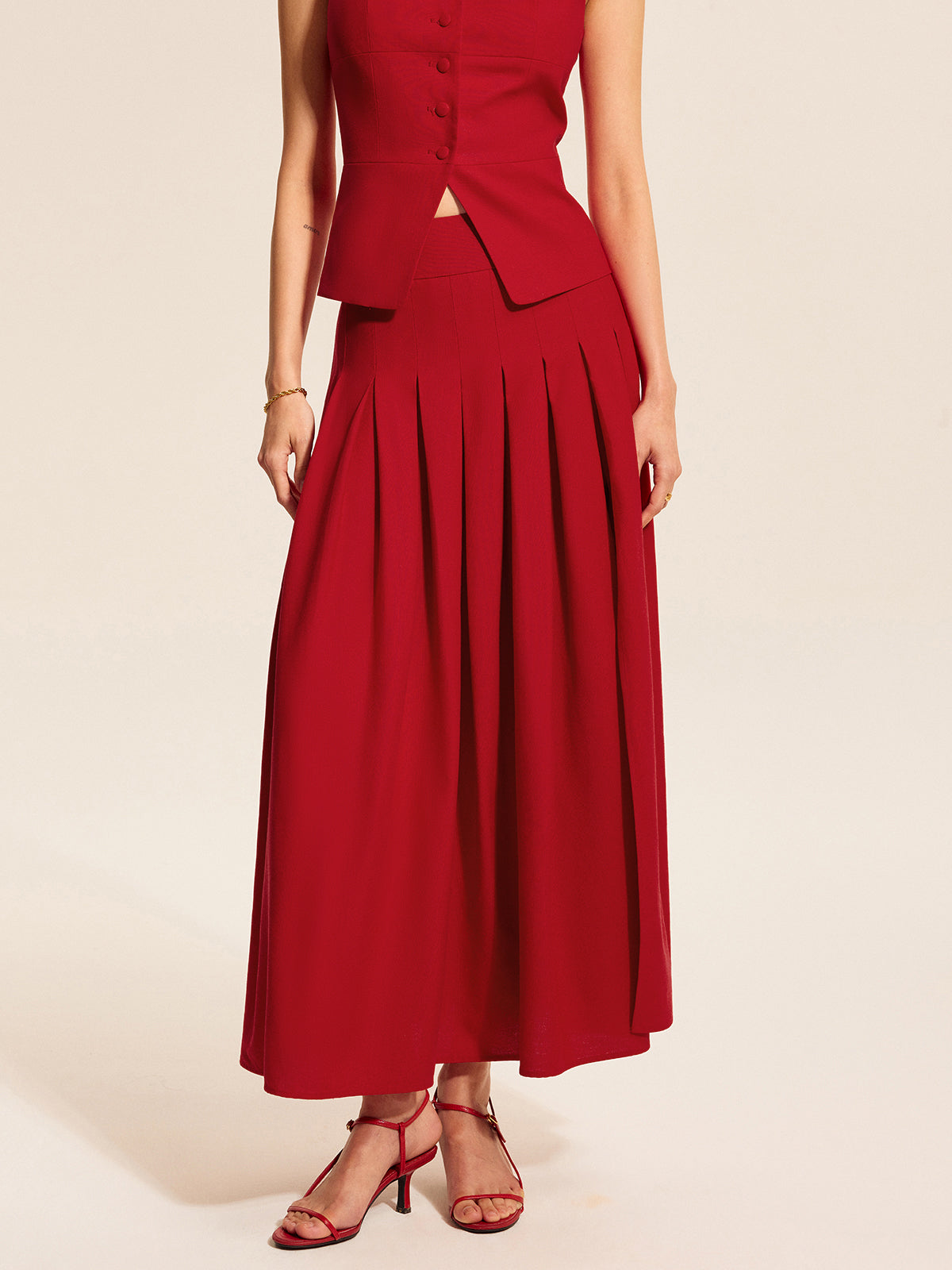 Cotton & Linen Pleated Slit Skirt-Massicos