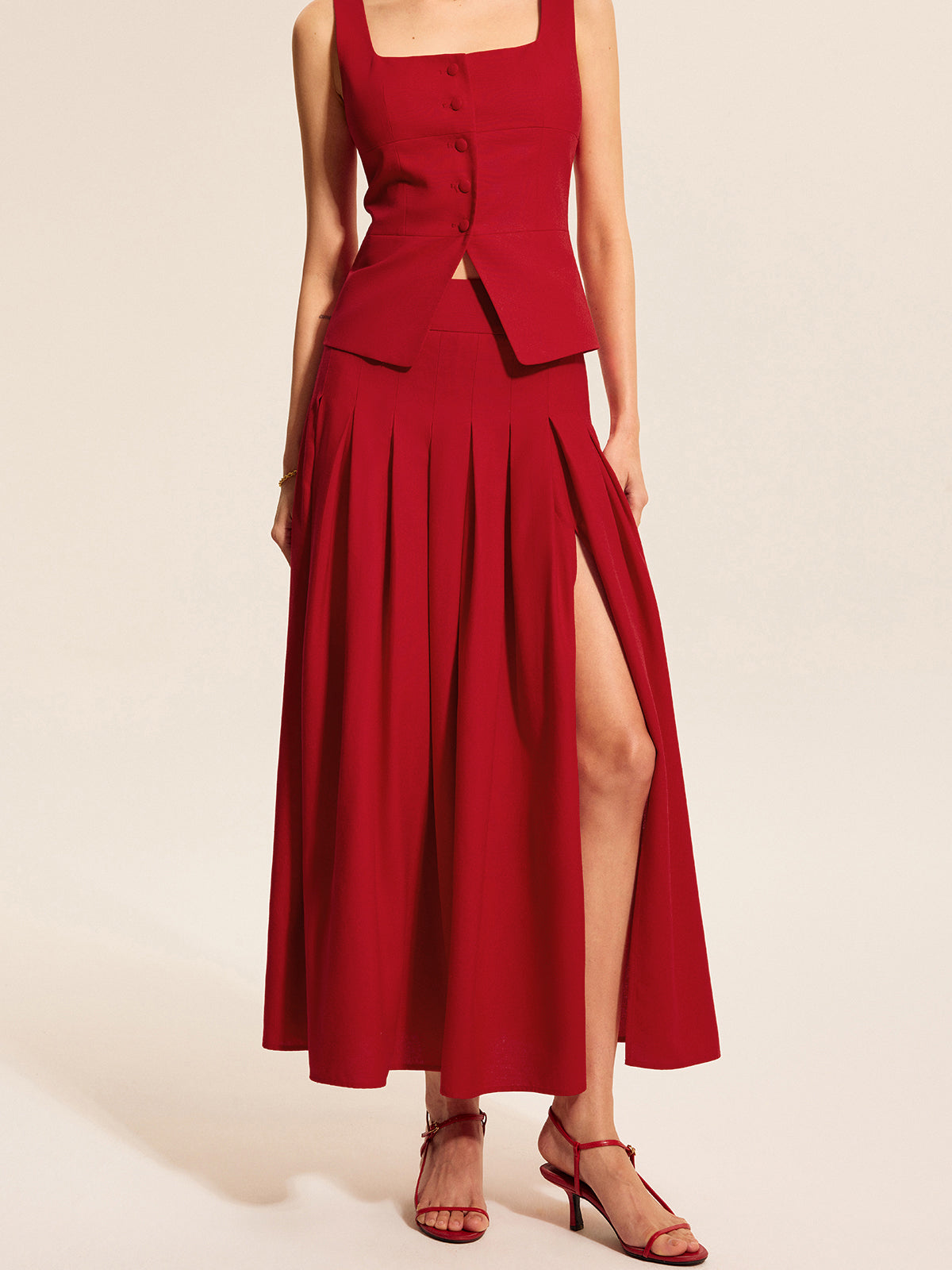 Cotton & Linen Pleated Slit Skirt-Massicos