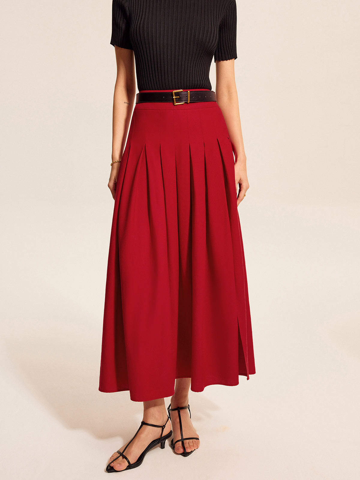 Cotton & Linen Pleated Slit Skirt-Massicos