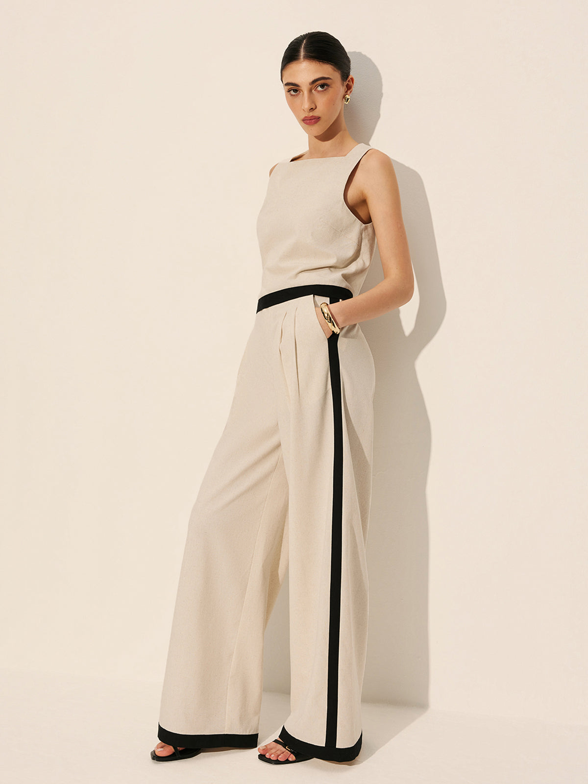 Linen & Cotton Zipper Contrast Binding Pant Set-Massicos