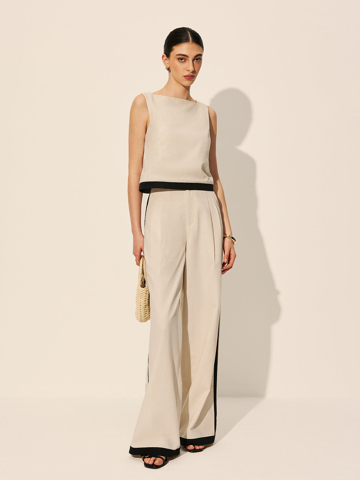 Linen & Cotton Zipper Contrast Binding Pant Set-Massicos