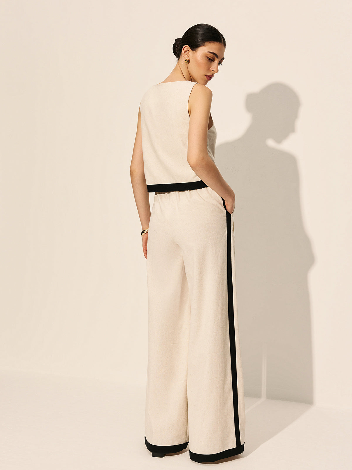 Linen & Cotton Zipper Contrast Binding Pant Set-Massicos