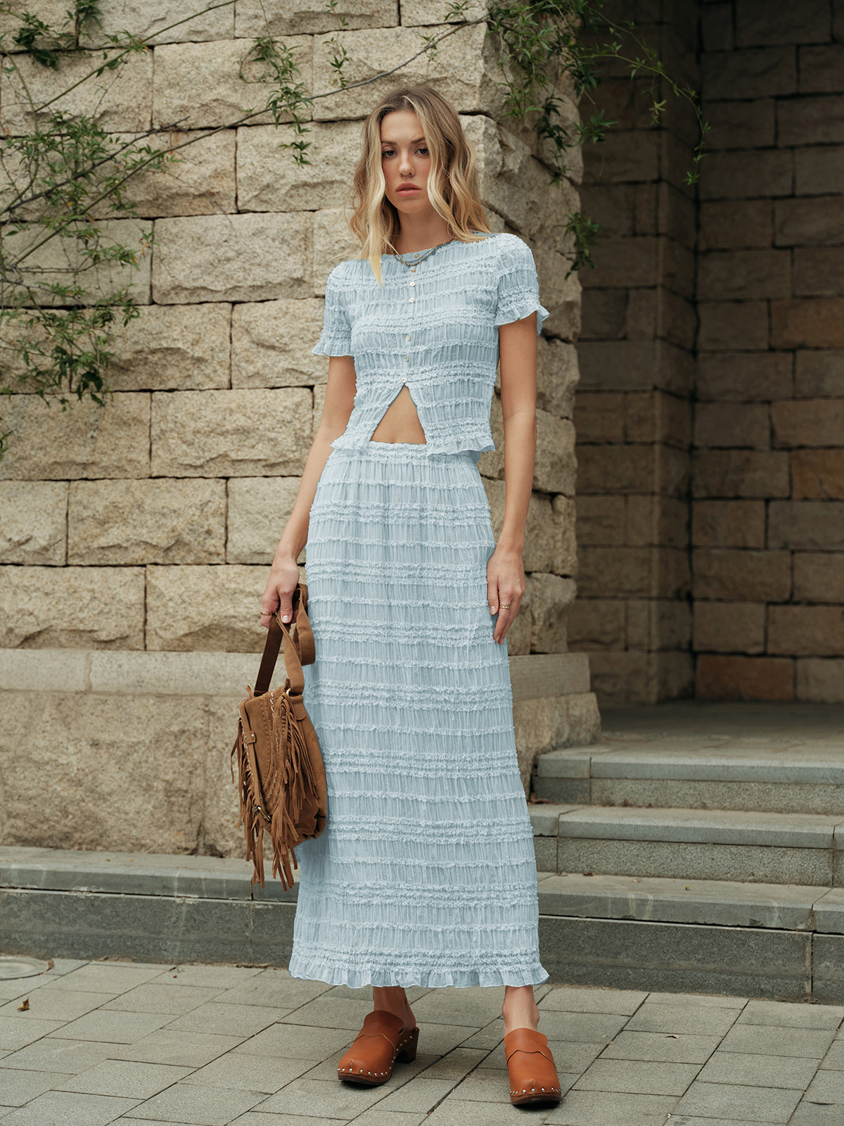Ruffled Crop Top Skirt Set-Massicos