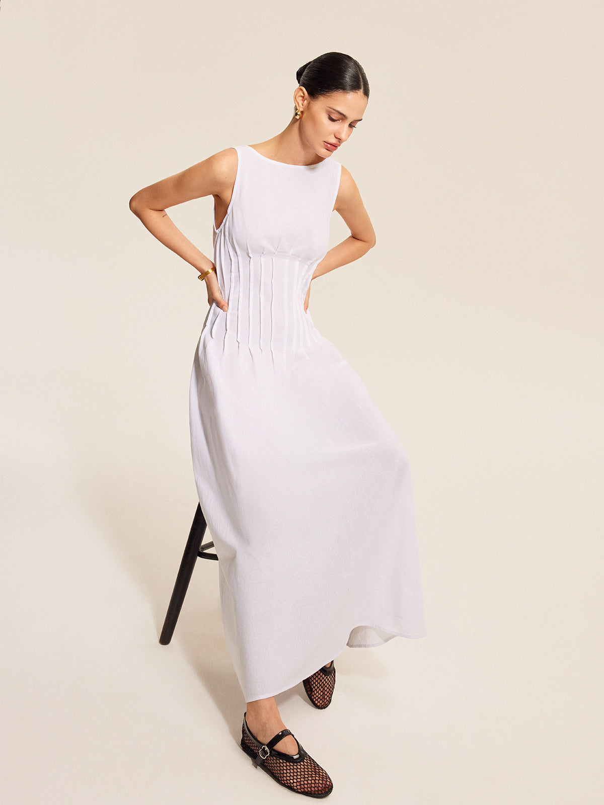 Cotton & Linen Pleated Sleeveless Dress-Massicos