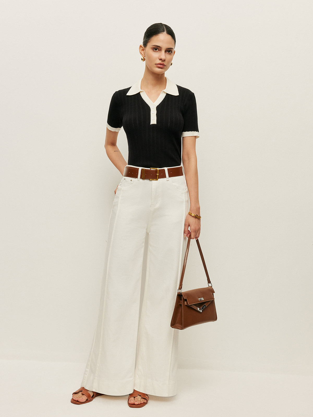 Collared Button Detail Ribbed Knit Top-Massicos