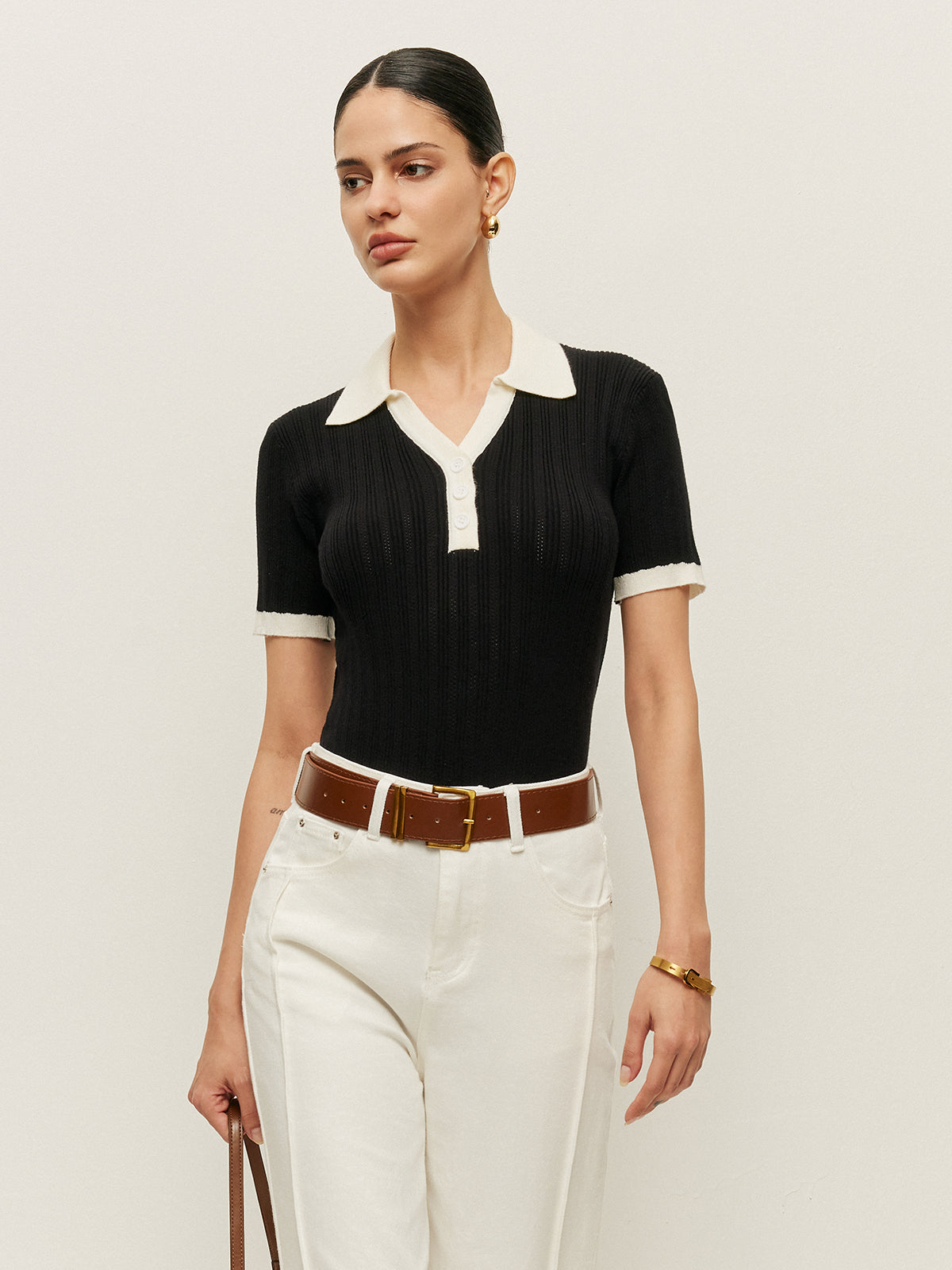 Collared Button Detail Ribbed Knit Top-Massicos