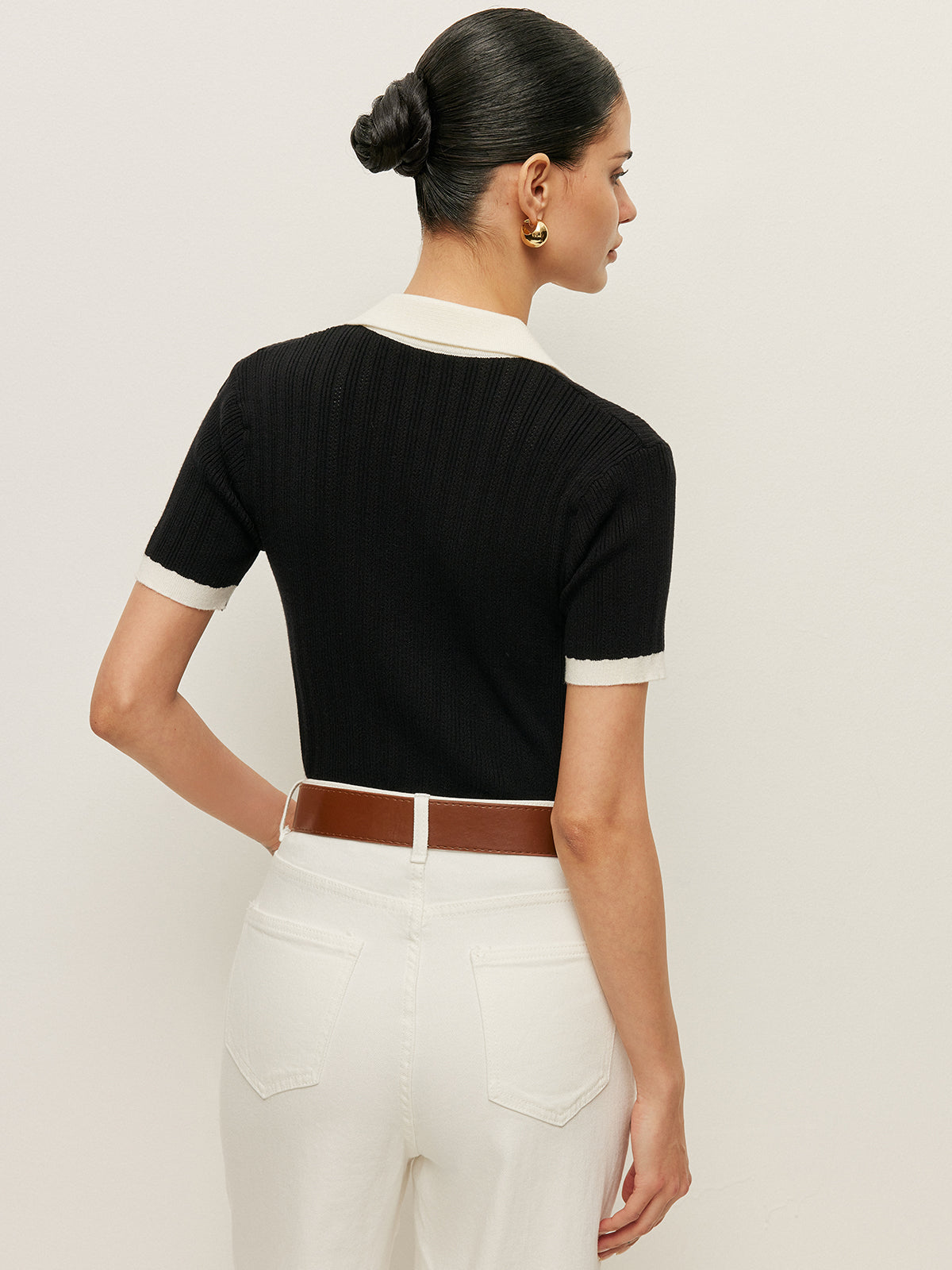 Collared Button Detail Ribbed Knit Top-Massicos