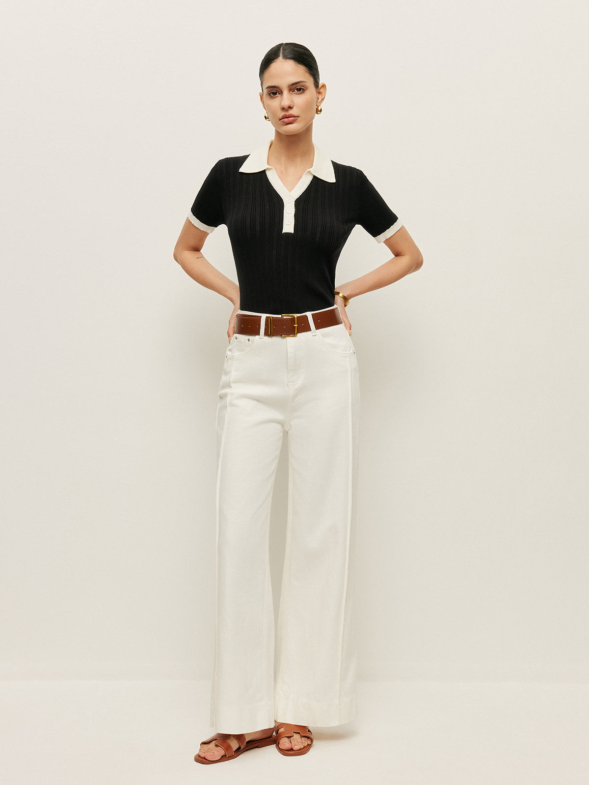 Collared Button Detail Ribbed Knit Top-Massicos