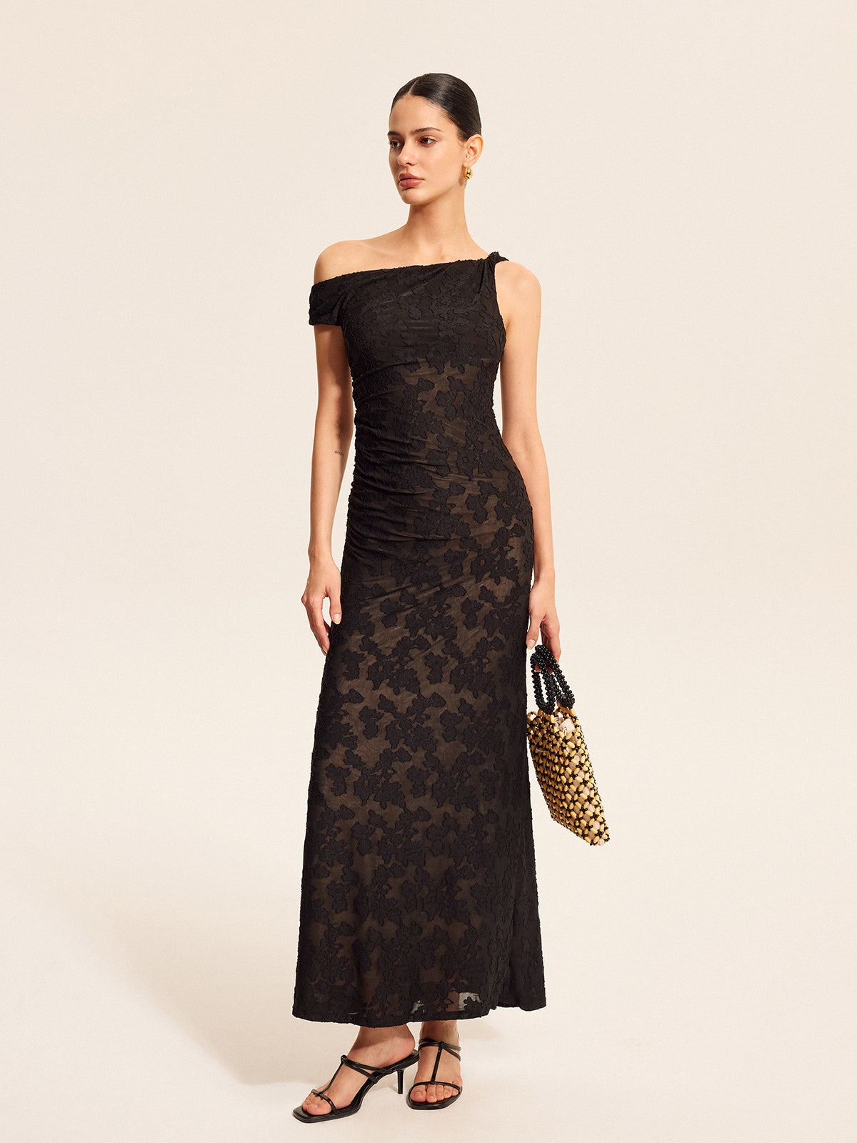 Semi-Sheer Lace One-Shoulder Maxi Dress-Massicos
