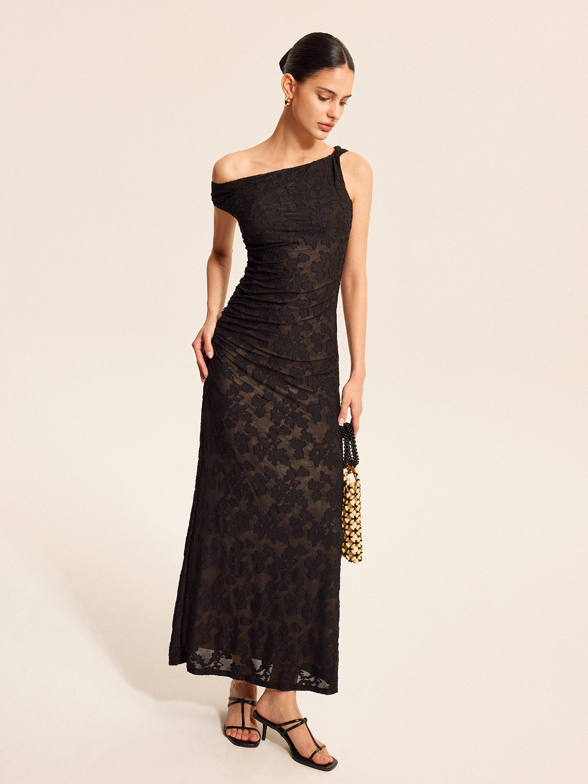 Semi-Sheer Lace One-Shoulder Maxi Dress-Massicos