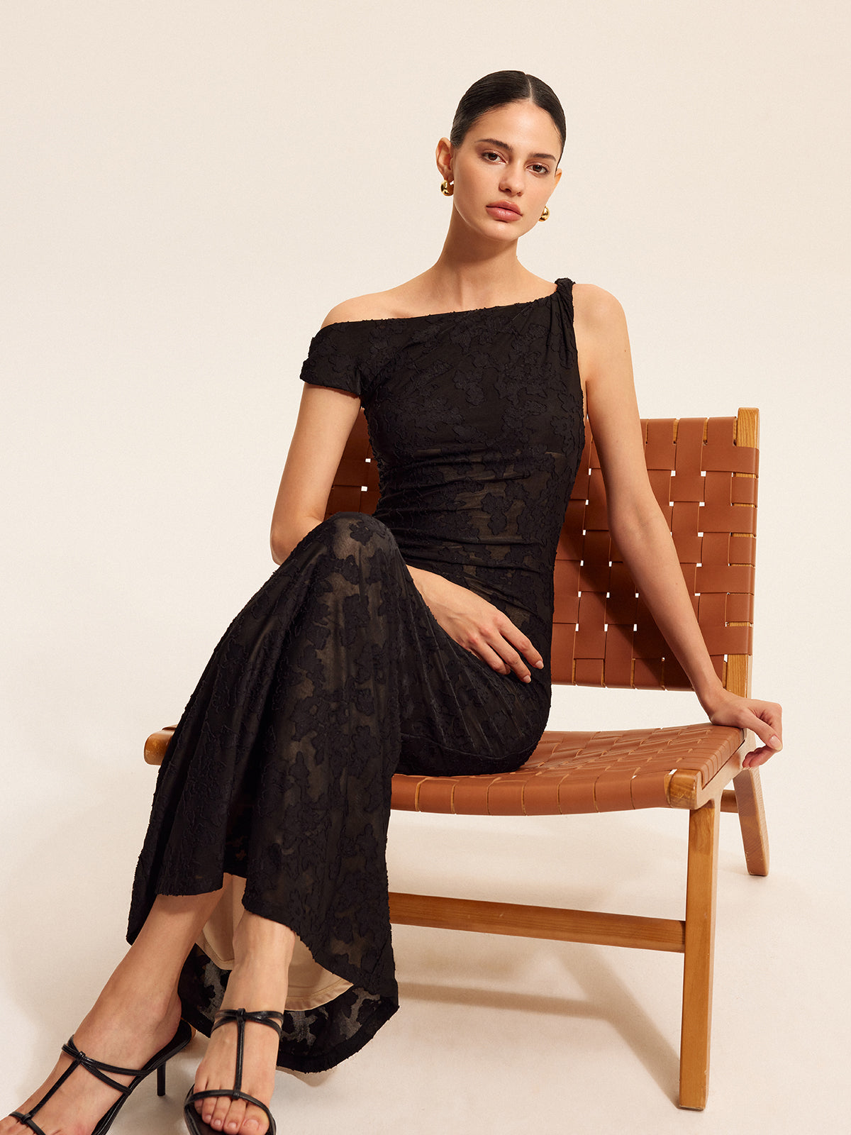 Semi-Sheer Lace One-Shoulder Maxi Dress-Massicos
